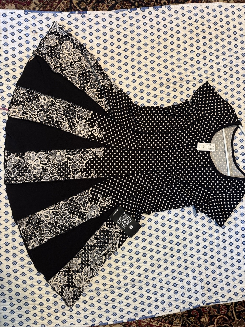 Avenue Black & White Polka Dot Lace-Panel Dress NWT